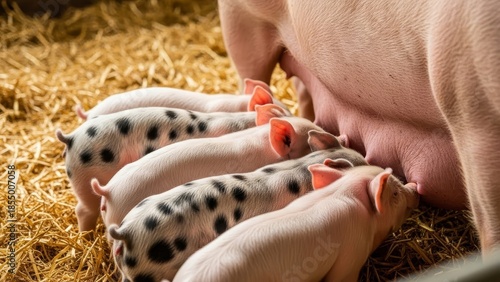 Mother pig nursing spotted piglets on golden straw bedding in farm barn agricultural livestock breeding scene