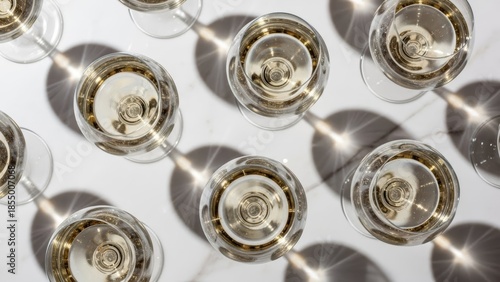 Multiple champagne glasses filled with golden sparkling wine viewed from above casting elegant shadows on white surface during celebration