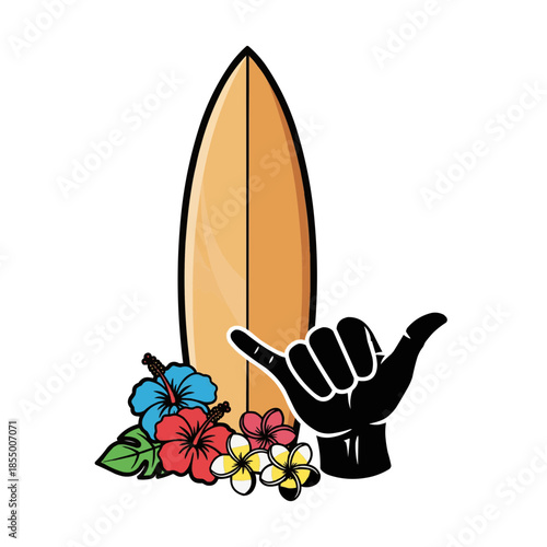 Surfboard with Shaka Hand Sign and Tropical Flowers Vector Graphic Design