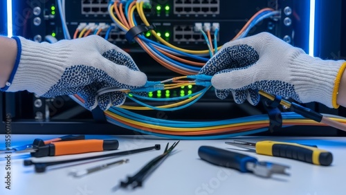 Network technician hands wearing protective gloves connecting fiber optic ethernet cables in server room data center with blinking LED lights and networking switches