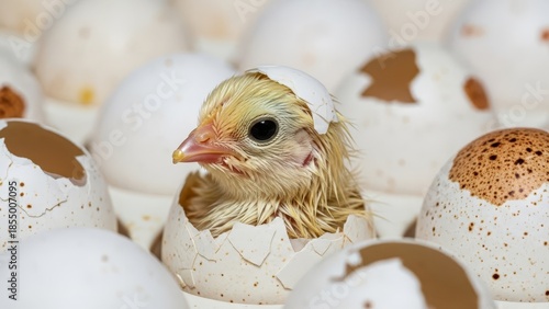 Newborn baby chick hatching from speckled brown eggshell among broken white eggs in incubator setting