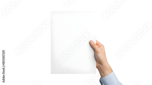 Isolated person's hand holding blank white paper sheet isolated on Transparent Background