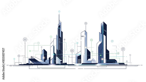 Futuristic cityscape illustration with interconnected smart buildings and digital network lines.