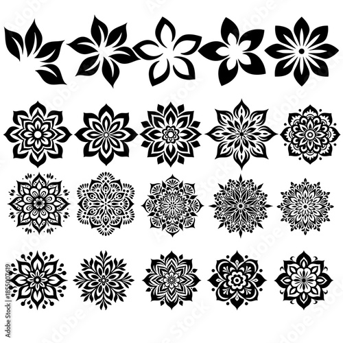 Simple shape mandala flowers, abstract floral elements, meditative flower motif