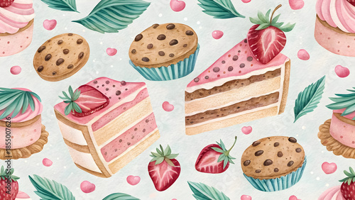 Watercolor seamless pattern, watercolor cake slices and cookies, pastel background
