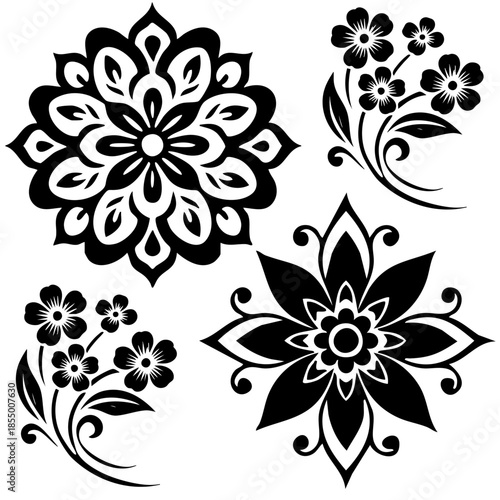 Simple shape mandala flowers, abstract floral elements, meditative flower motif