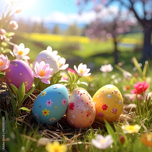 Painted Easter eggs nestle in vibrant grass and flowers, bathed in warm sunlight, hinting at spring's joyful arrival