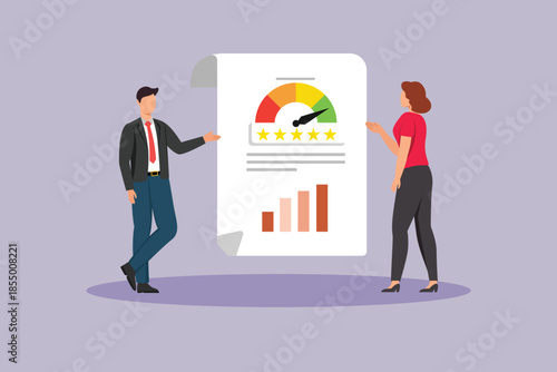 Discussion between men and women regarding data benchmarking. Benchmarking Concept. Colored flat vector illustration isolated