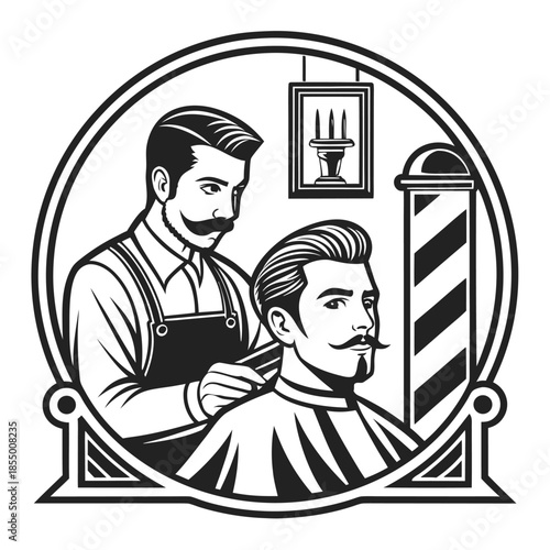Vintage Barber Shop Scene with Stylist and Client