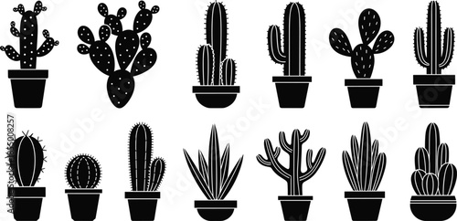 Cactus silhouette collection set with various desert plant shapes including potted succulent and prickly pear isolated vector icons for nature design