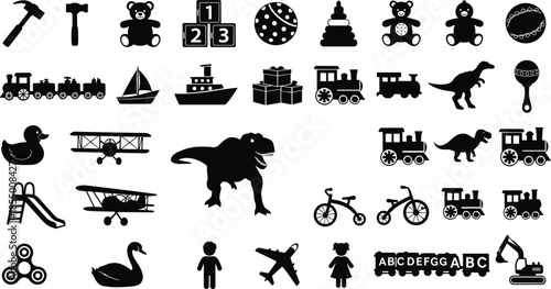 Children toy silhouette collection set with various nursery icons including trains dinosaurs bears and blocks isolated vector elements for play design