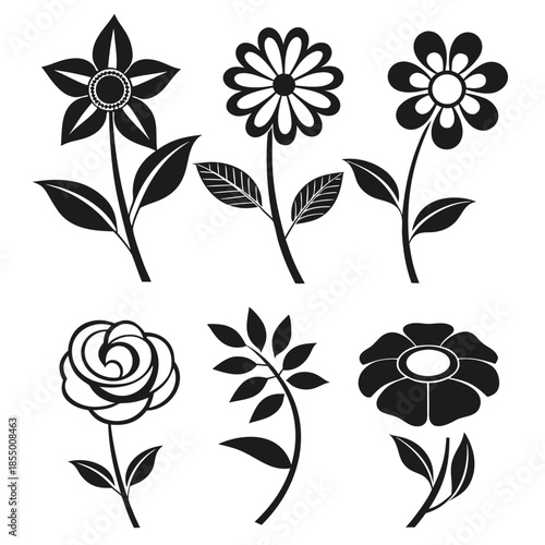 Assortment of six black floral and leaf silhouettes