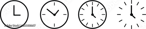 Minimal Clock Icons Set Showing Different Time Styles and Hour Indicators