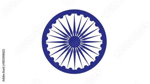 Blue ashoka chakra symbol, circular design with 24 spokes on white background