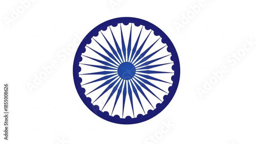 Blue and white ashoka chakra symbol with 24 spokes on white background