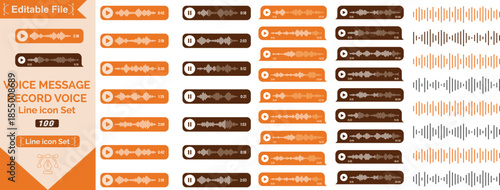 Voice message. Record voice note messages players with waveforms, playback controls and durations audio icons. Cell phone UI design, smartphone chat app, podcast interfaces elements. Vector set