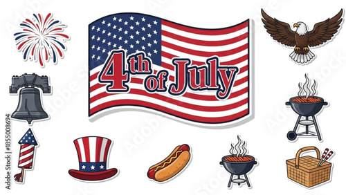 4th of july celebration elements with american flag, eagle, fireworks, and bbq grill on white