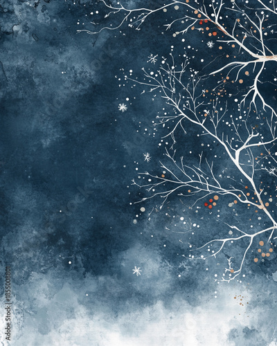 A birch branch with delicate snowflake patterns from the bottom corner, rendered in fine ink with minimal color just a hint of brown-gray wash.