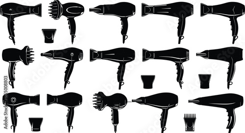 Hair dryer silhouette collection set with various professional salon blow dryer icons including diffuser and nozzle attachments for beauty design