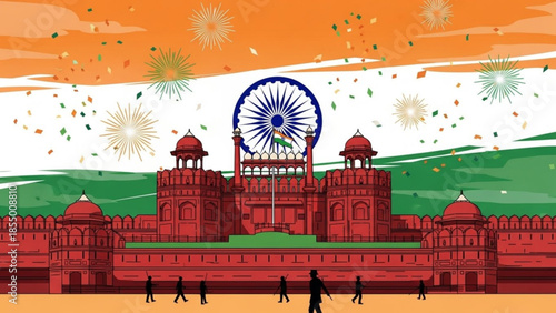 India's red fort illustration with indian flag colors and fireworks on independence day