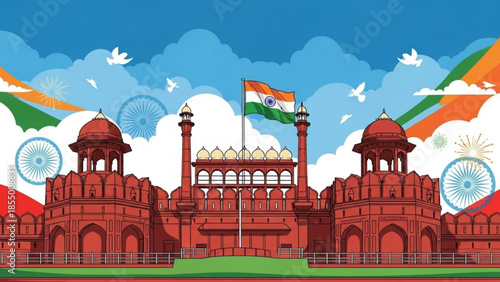 Red fort illustration with indian flag waving against blue cloudy sky