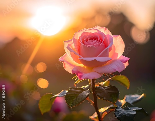 Pink rose, partially in shadow, with soft morning sunlight, bokeh backdrop with warm tones