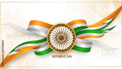 Indian republic day celebration graphic with tricolor ribbon and ashoka chakra emblem on white