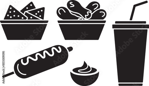 Assorted snack food items and beverage nachos chicken wings