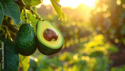 Two Ripe Avocados One Halved Displaying Green Flesh and Brown Pit with Water Droplets in Golden Hour Sunlight