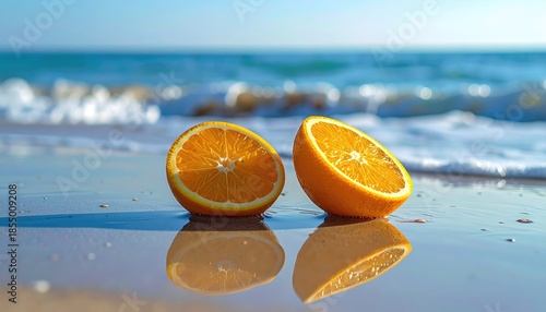 Two Halves of a Juicy Orange Sit on Wet Sand by the Ocean Shore with Gentle Waves and Bright Sunlight