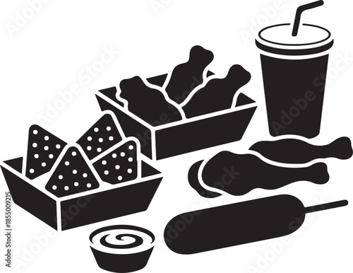 Assorted snack food items and beverage nachos chicken wings