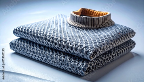 Two Stacked Gray Knit Sweaters Folded Neatly With A Turtleneck Collar Detail Visible Under Soft Studio Lighting