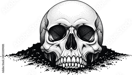 Human skull resting on pile of dirt in stippling art style for memento mori concept and cad drawing flat vector illustration