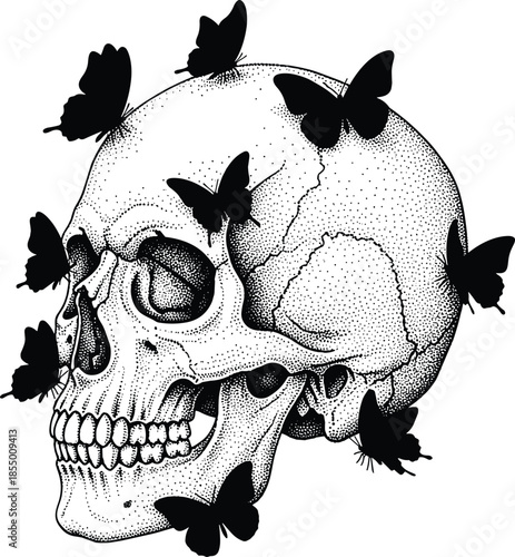Human skull with multiple butterflies in stippling art style for transformation memento mori concept and cad drawing flat vector illustration