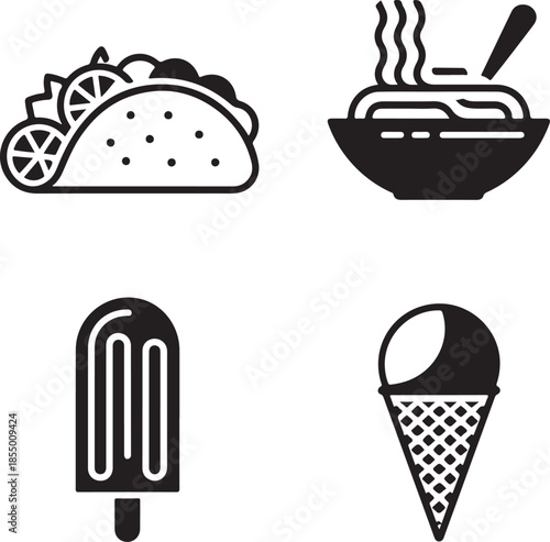 Black and White Fast Food and Dessert Icons, taco, spaghetti, corn dog, ice cream, food