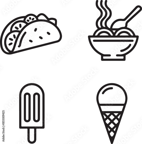 Black and White Fast Food and Dessert Icons, taco, spaghetti, corn dog, ice cream, food