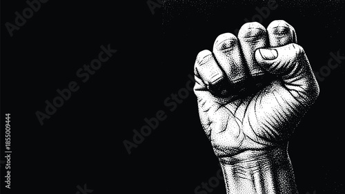 PrintRaised fist hand gesture in stippling art style for power solidarity protest symbol and cad drawing flat vector illustration design