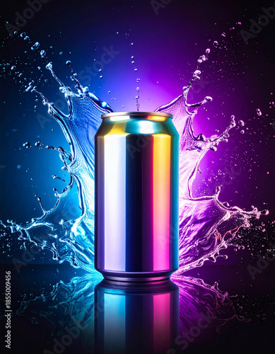 Blank Energy Drink Can Mockup with Neon Liquid Splash on Dark Background