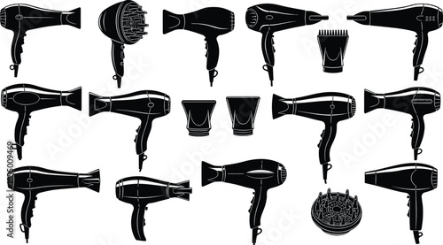 Professional hair dryer silhouette collection with various blow dryer models including diffusers and nozzles for beauty salon and barber design