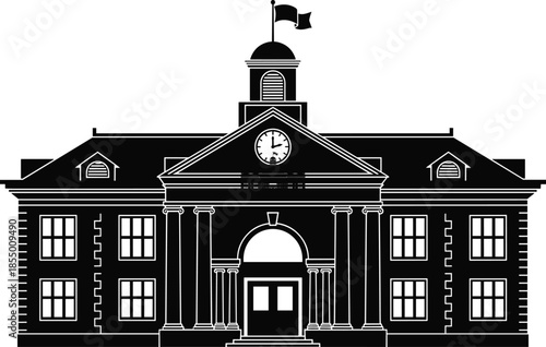Classic school building black silhouette with clock, columns, and flag on cupola, isolated vector illustration for education, university, and learning institution.