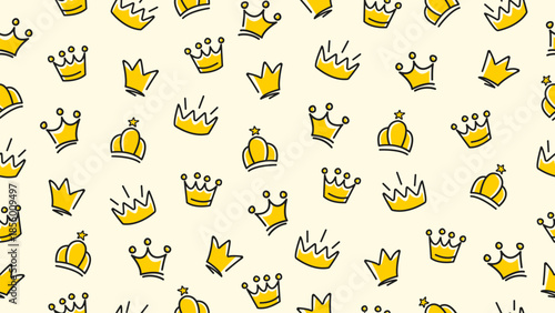 hand drawn golden crowns doodle seamless pattern background. Crown motif wallpaper vector ilustration