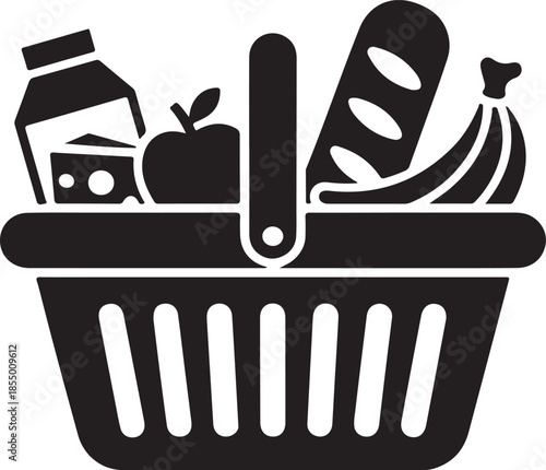 Black and white icon of a grocery shopping basket full of food