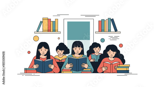 Group of young women engrossed in reading books in a library setting.