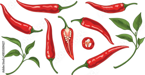 Red chili pepper collection set with various spicy vegetable poses including whole pods sliced ​​halves and green leaves for cooking design