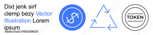 Cryptocurrency, blockchain, digital economy, recycling, tokenization, eco-friendly practices. Circular token symbol, arrows forming a triangle and a token icon. Cryptocurrency and blockchain concept