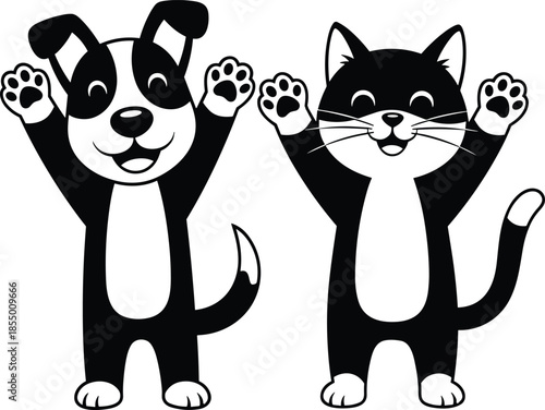 Cute Black and White Cartoon Puppy and Kitten with Paws Up Vector Illustration, Happy Dog and Cat Standing Together Clipart, Funny Pet Animals Mascot Design Isolated on White Background.