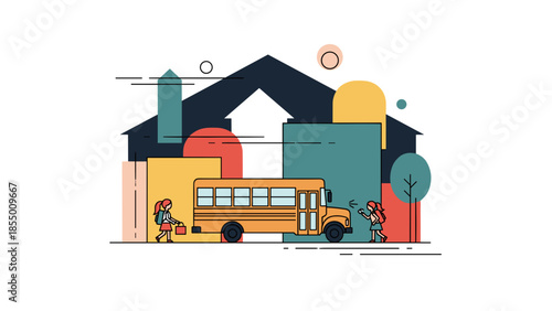 School Bus and Students in Front of School Building.