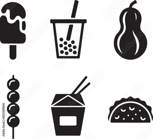 Black silhouette icons of popular street food and drinks vector
