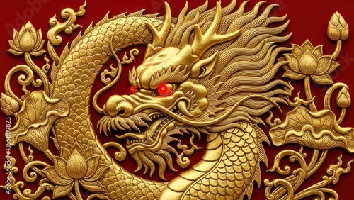 Wallpaper Mural Majestic Golden Chinese Dragon Carving on Red Background Torontodigital.ca