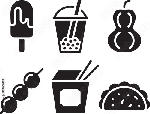Black silhouette icons of popular street food and drinks vector